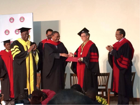 On occasion of AAU awarding honorary PHD to Bill Gates; left to right AAU President Dr. Admasu Tsegaye, PM Hailemariam Desalegn, Bill Gates & Tedros Adhanom (Credit: Ethiopian)